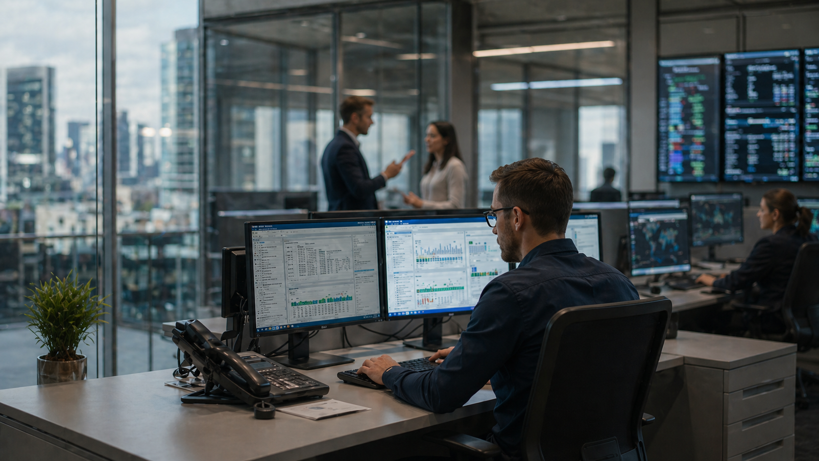 Operations analyst monitoring automation dashboards in a modern office