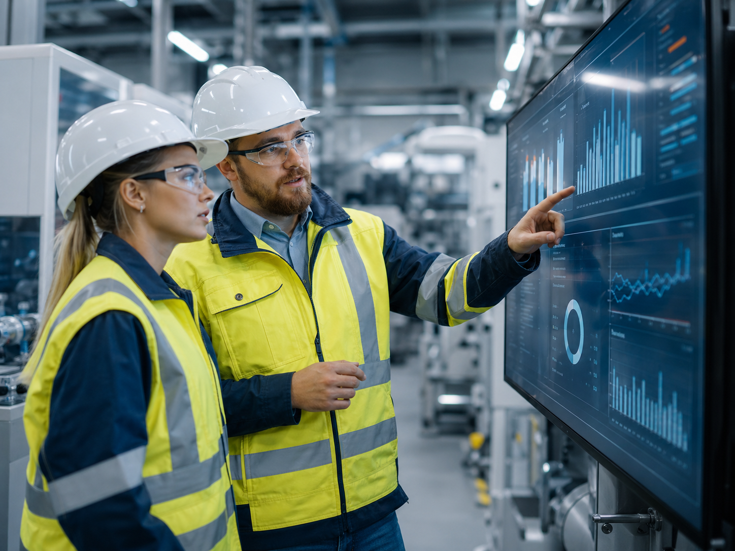 Employee and client reviewing factory operations data