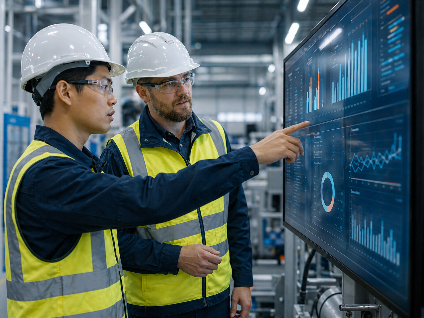 General manager and client reviewing factory performance data